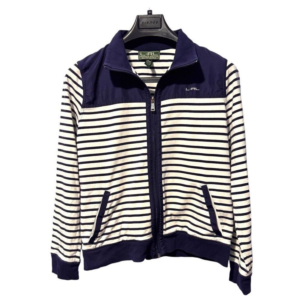 L-RL Lauren Ralph Lauren Womens Active Jacket Blue & White Striped Zip Up